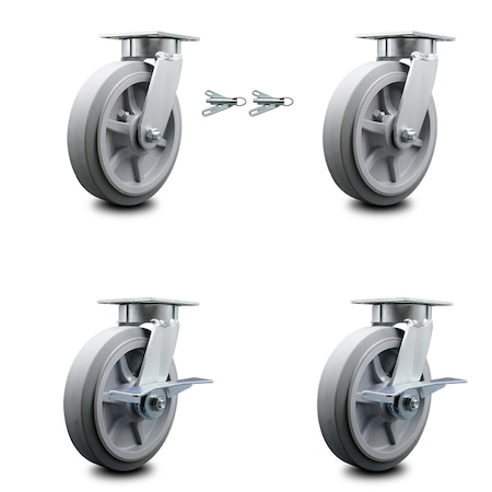 Service Caster 8 Inch Kingpinless Thermoplastic Rubber Wheel Caster Swivel Locks 2 Brakes, 2PK SCC-KP30S820-TPRRF-BSL-2-SLB-2
